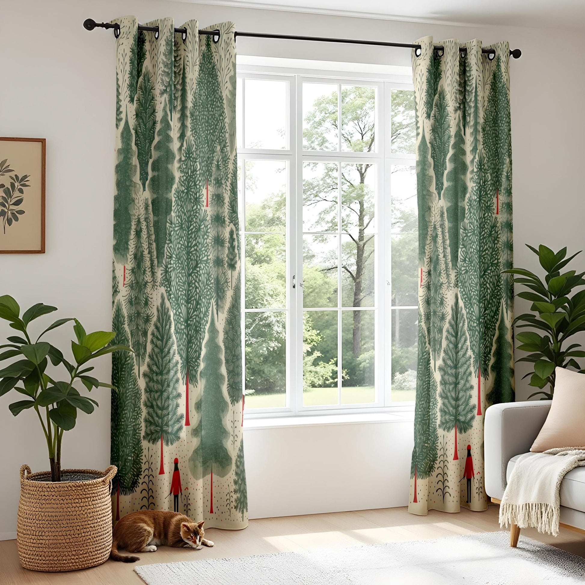 Onay Whimsical Forest Curtains – Nordic Pine Tree Drapes with Red Figure Design