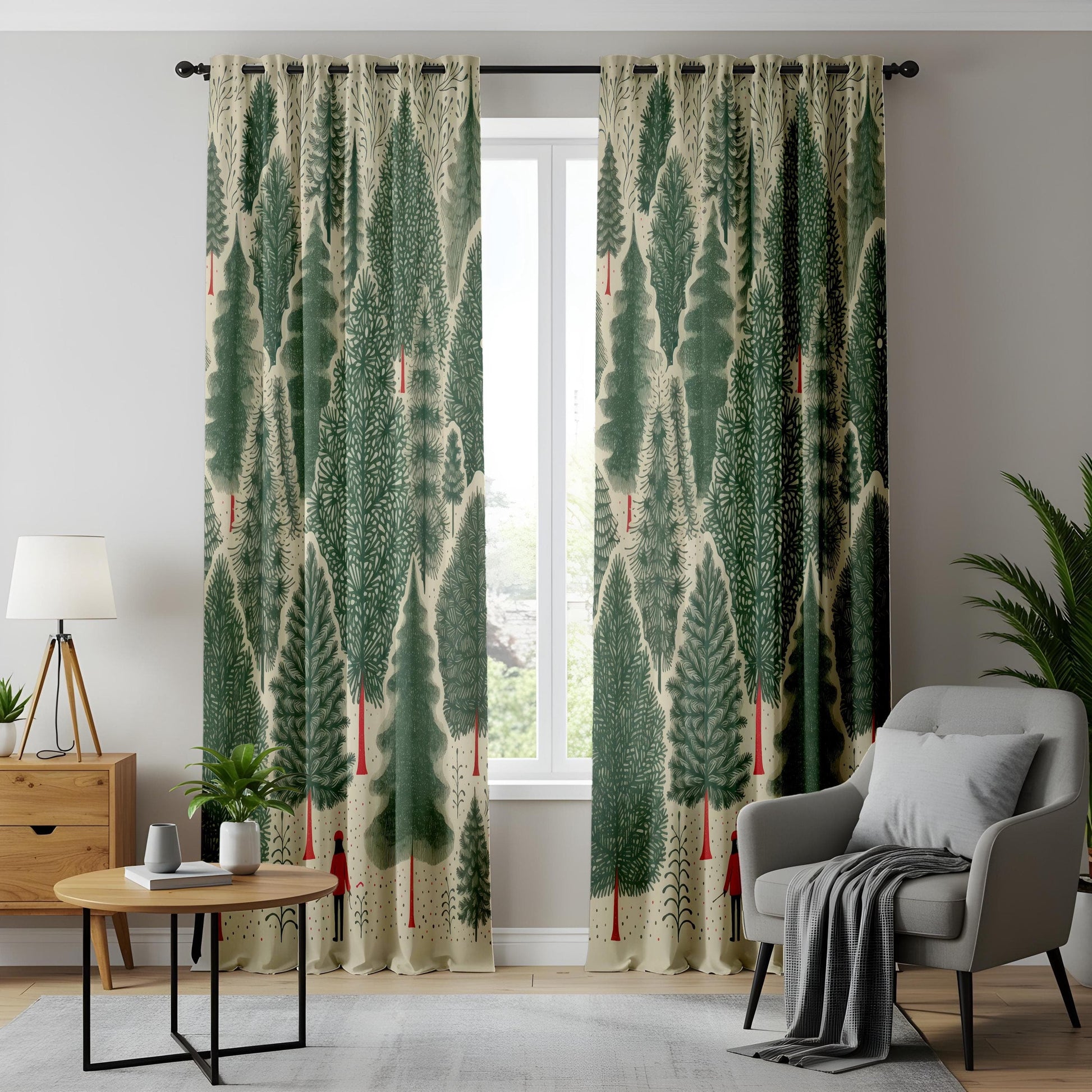 Onay Whimsical Forest Curtains – Nordic Pine Tree Drapes with Red Figure Design