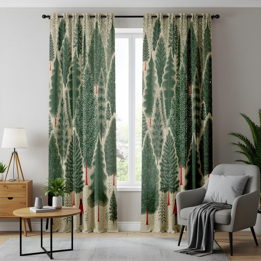 Onay Whimsical Forest Curtains – Nordic Pine Tree Drapes with Red Figure Design