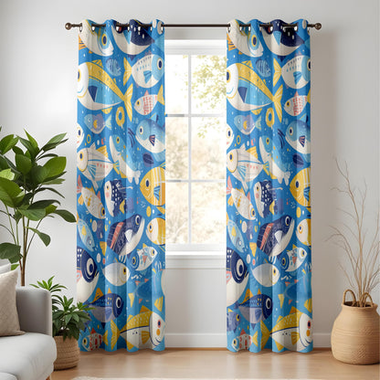 Onay Whimsical Kitchen Curtains, Tropical Fish Pattern Drapes, Ocean-Themed Window Treatment