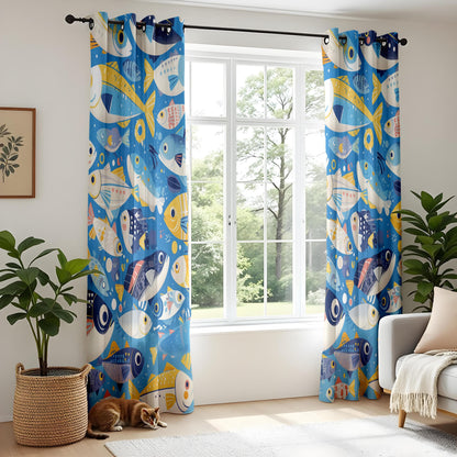 Onay Whimsical Kitchen Curtains, Tropical Fish Pattern Drapes, Ocean-Themed Window Treatment