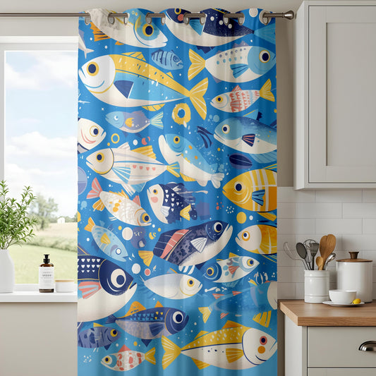Onay Whimsical Kitchen Curtains, Tropical Fish Pattern Drapes, Ocean-Themed Window Treatment