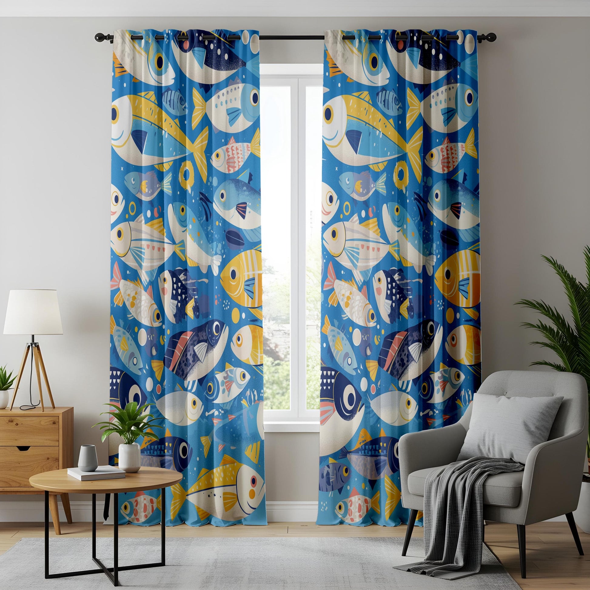 Onay Whimsical Kitchen Curtains, Tropical Fish Pattern Drapes, Ocean-Themed Window Treatment