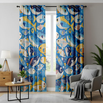Onay Whimsical Kitchen Curtains, Tropical Fish Pattern Drapes, Ocean-Themed Window Treatment