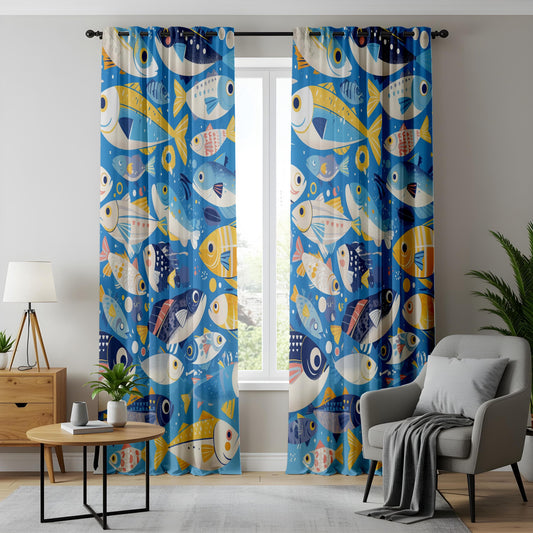 Onay Whimsical Kitchen Curtains, Tropical Fish Pattern Drapes, Ocean-Themed Window Treatment