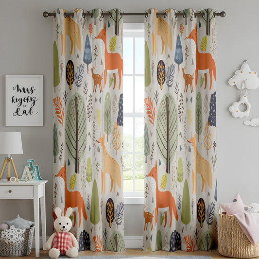 Onay Whimsical Woodland Kids Room Curtains, Cute Fox & Deer Pattern Drapes