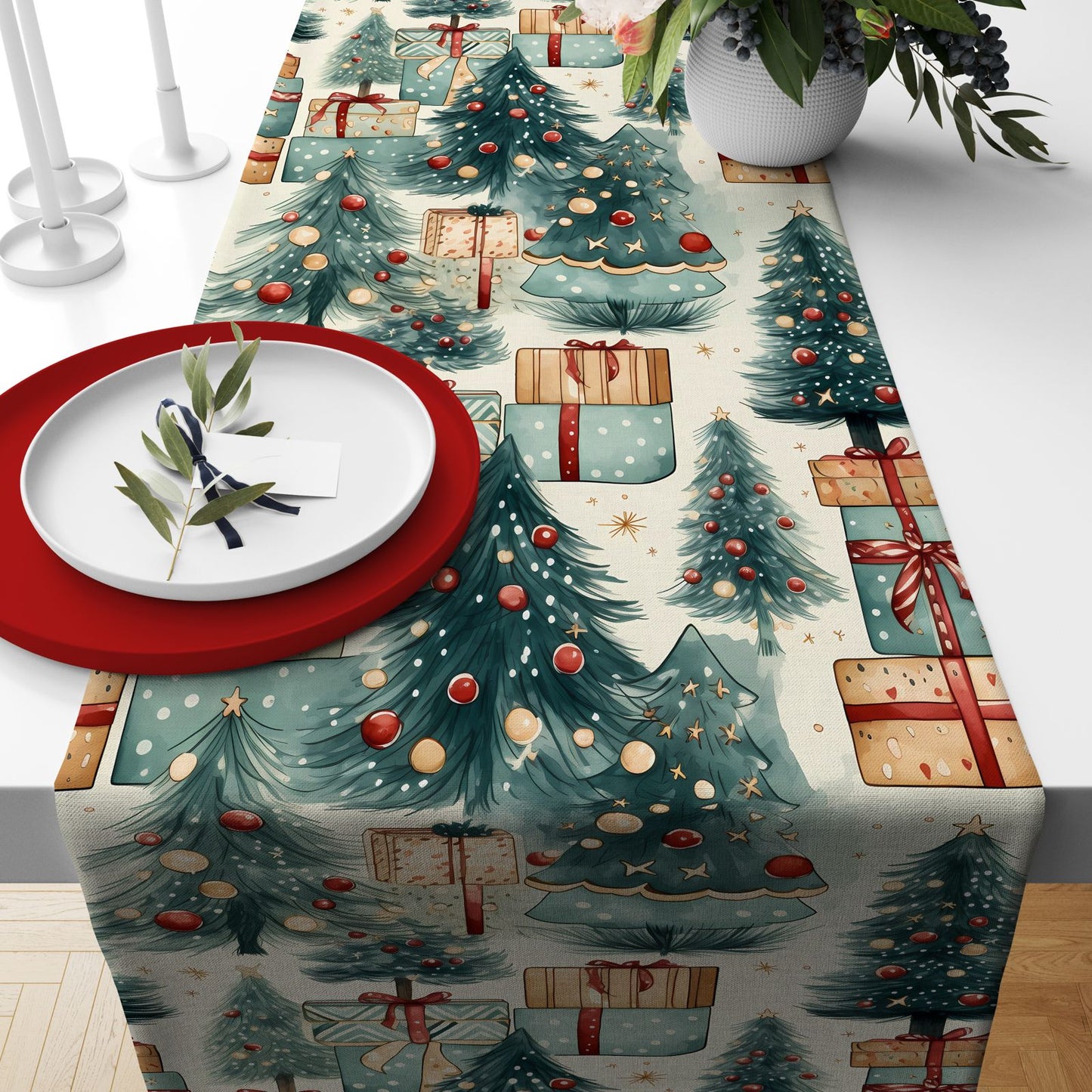 Festive Christmas Table Runners with Trees, Pine Cones & Holiday Treats