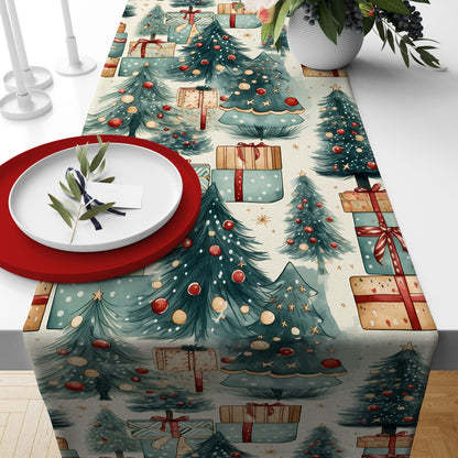 Festive Christmas Table Runners with Trees, Pine Cones & Holiday Treats