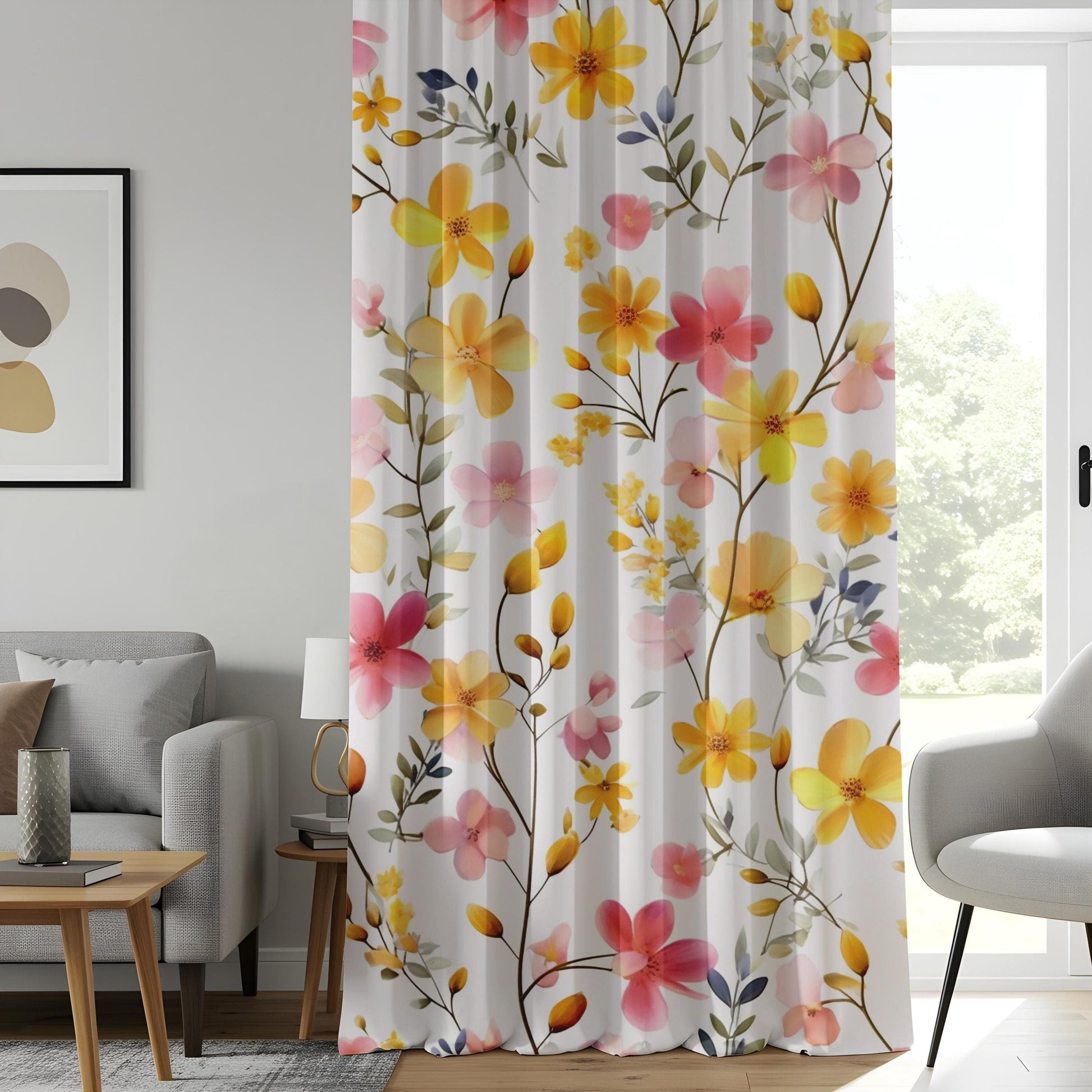 Onay Yellow Floral Curtains for Living Room, Mid Century Floral Printed Drapes
