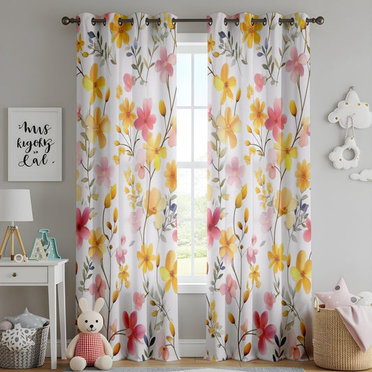 Onay Yellow Floral Curtains for Living Room, Mid Century Floral Printed Drapes