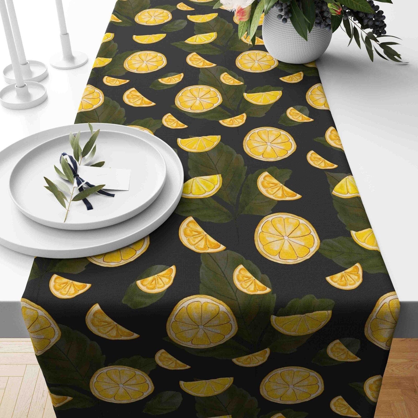 Onay Home Textile table runner 3 / 12 x 46 inch (30 x 120 cm) Yellow Lemon Slices Vivid Color Decor Table Runner