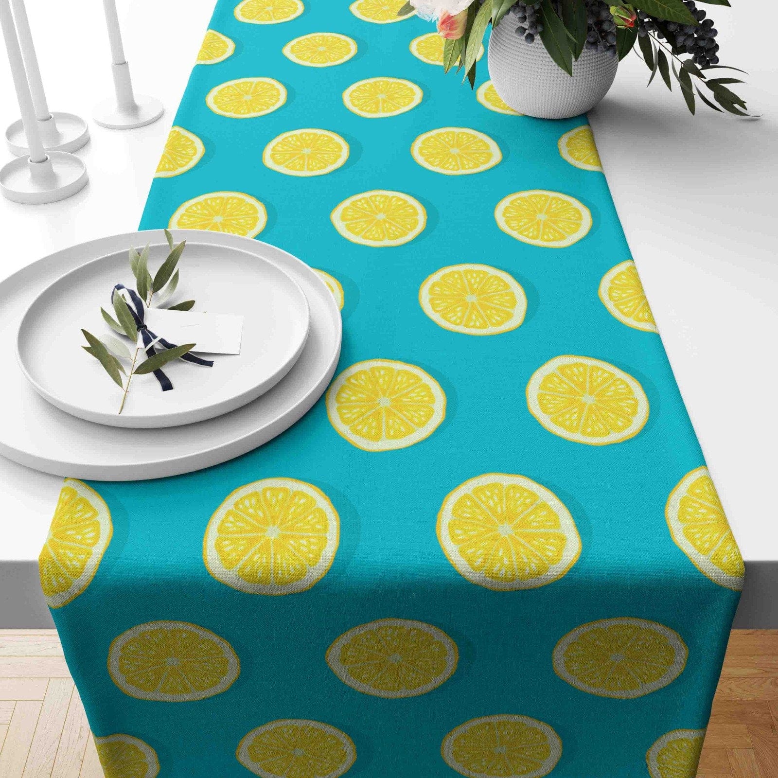 Onay Home Textile table runner 2 / 12 x 46 inch (30 x 120 cm) Yellow Lemon Slices Vivid Color Decor Table Runner