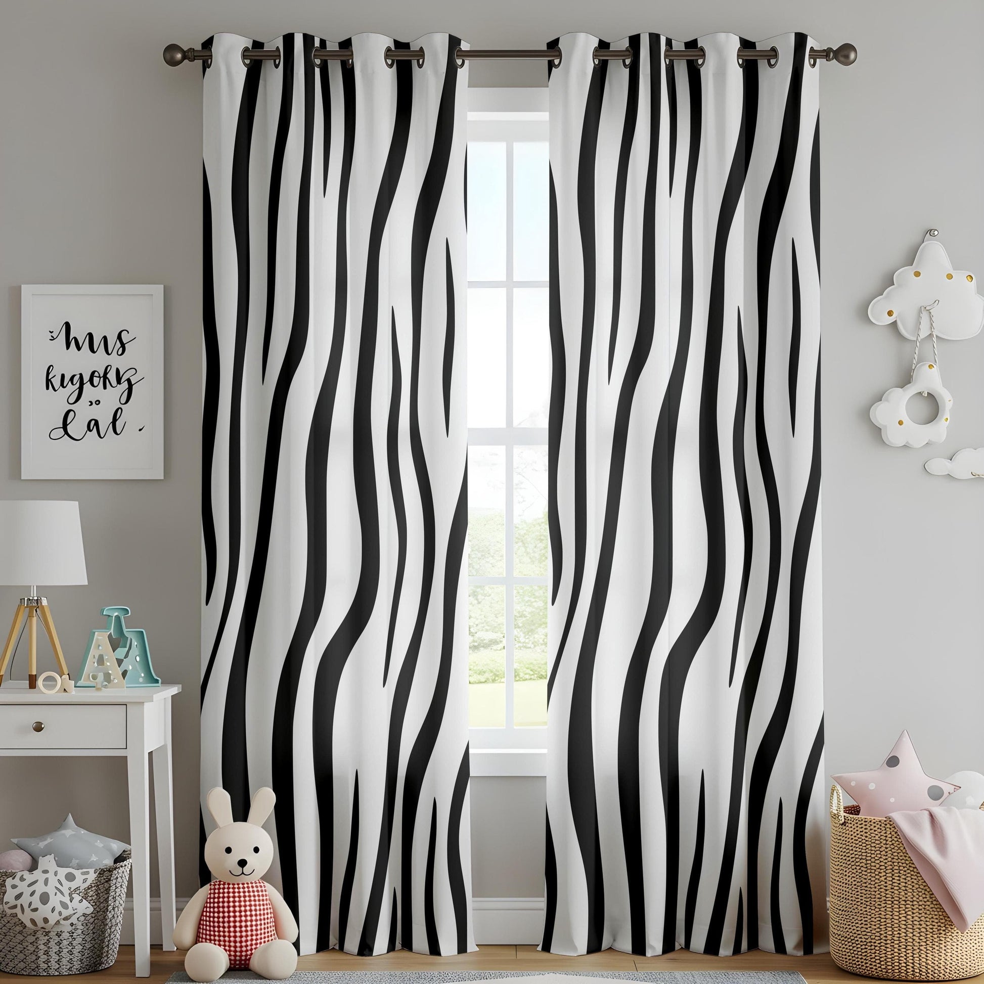 Onay Zebra Stripe Black and White Pattern Curtains, Bold Animal Print Window Drapes